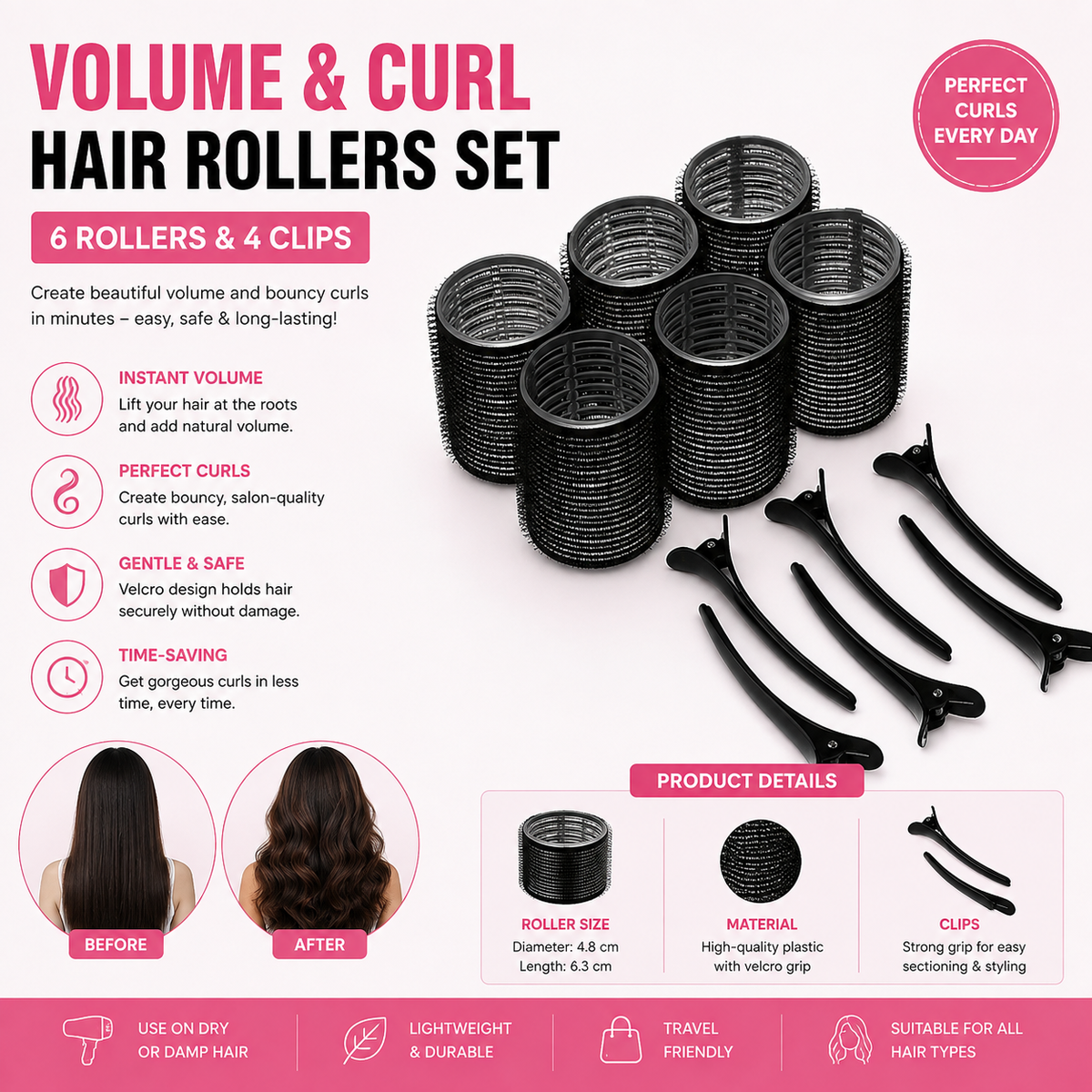 12pcs/Set Hot Rollers Set, 4.0cm Diameter, Self-Gripping, Heatless, Suitable for Long and Medium Short Hair, with Hair Clips, for Women, Dry Hair Style