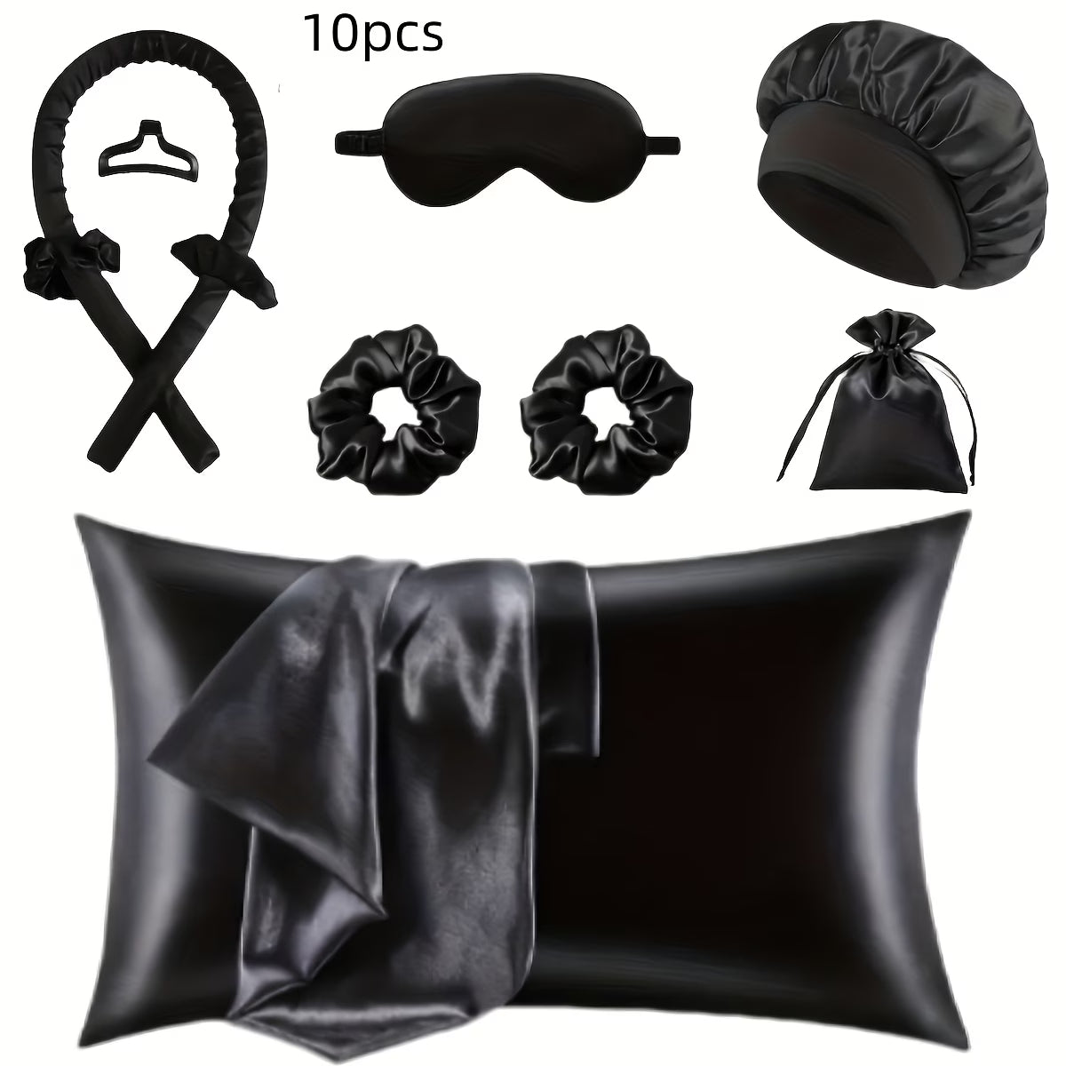 9/10/12pcs Sleep Hair Styling Tool Set, Includes 4 Hair Rollers, 1 Damage-Free Sleep Pillowcase, 2 Large Hair Ties, 1 Soft Sleep Mask, and 1 Sleep Cap for Hair and Skin Queen Set, Heatless Hair Curling Set, Overnight Hair Rollers, 1 Decorative