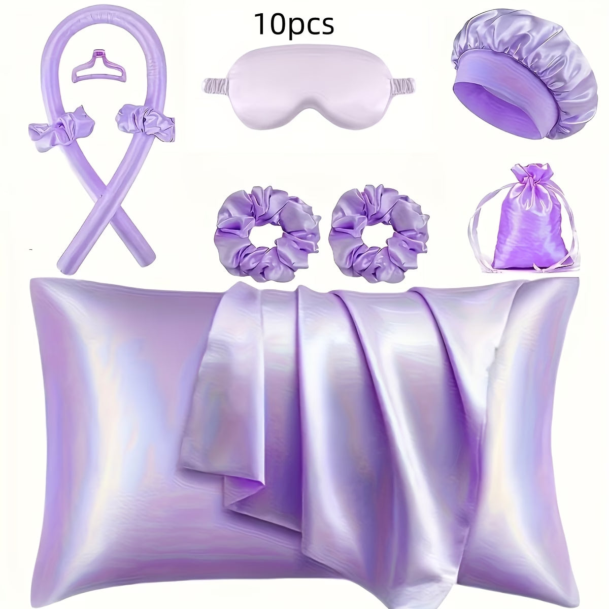 9/10/12pcs Sleep Hair Styling Tool Set, Includes 4 Hair Rollers, 1 Damage-Free Sleep Pillowcase, 2 Large Hair Ties, 1 Soft Sleep Mask, and 1 Sleep Cap for Hair and Skin Queen Set, Heatless Hair Curling Set, Overnight Hair Rollers, 1 Decorative