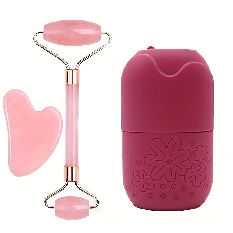 3in 1 Ice Face Roller Facial Skincare Ice Roller Set, Facial Roller Gua Sha Face Tool Set, Care Tool Beauty Set Face Massage Tool Roller Lifting Contouring Tool Ice Facial Roller Mold Cube, Reusable