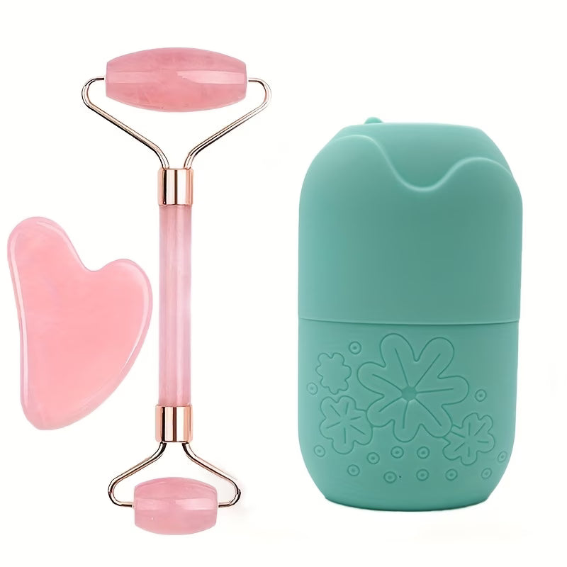 3in 1 Ice Face Roller Facial Skincare Ice Roller Set, Facial Roller Gua Sha Face Tool Set, Care Tool Beauty Set Face Massage Tool Roller Lifting Contouring Tool Ice Facial Roller Mold Cube, Reusable