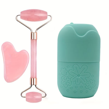 3in 1 Ice Face Roller Facial Skincare Ice Roller Set, Facial Roller Gua Sha Face Tool Set, Care Tool Beauty Set Face Massage Tool Roller Lifting Contouring Tool Ice Facial Roller Mold Cube, Reusable