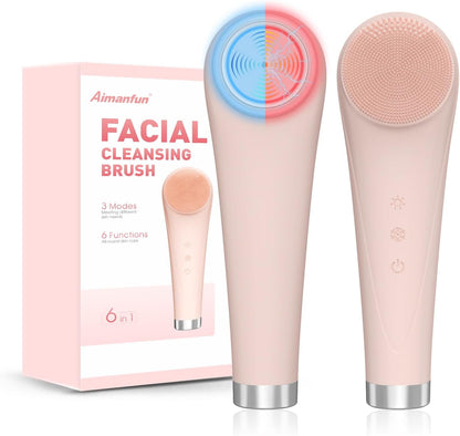 Electric Face Cleanser Sonic Facial Cleansing Machine with Heat & Cooling, Light Therapy, EMS Silicone Brush Scrubber for Before and After Cleansing Exfoliating Massaging