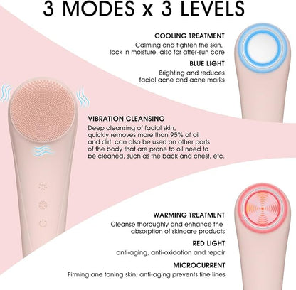 Electric Face Cleanser Sonic Facial Cleansing Machine with Heat & Cooling, Light Therapy, EMS Silicone Brush Scrubber for Before and After Cleansing Exfoliating Massaging