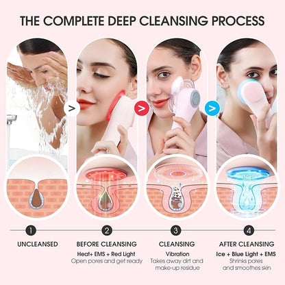 Electric Face Cleanser Sonic Facial Cleansing Machine with Heat & Cooling, Light Therapy, EMS Silicone Brush Scrubber for Before and After Cleansing Exfoliating Massaging