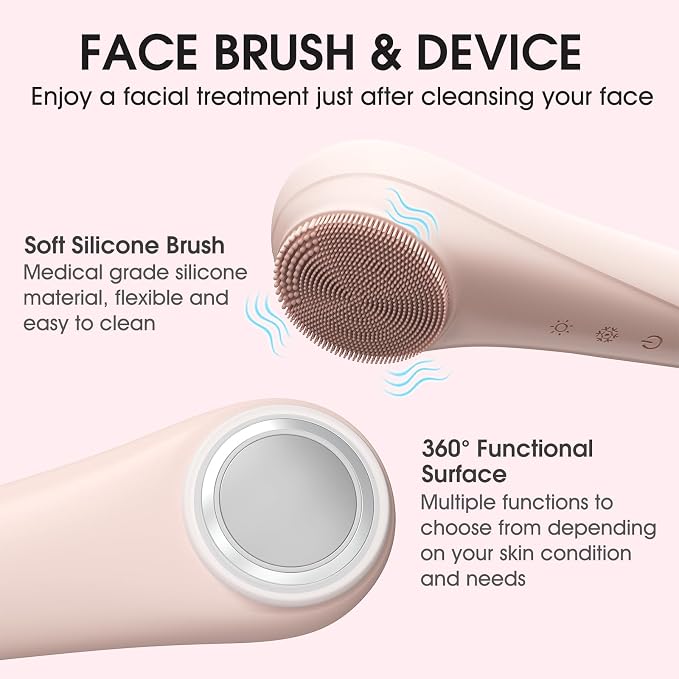Electric Face Cleanser Sonic Facial Cleansing Machine with Heat & Cooling, Light Therapy, EMS Silicone Brush Scrubber for Before and After Cleansing Exfoliating Massaging
