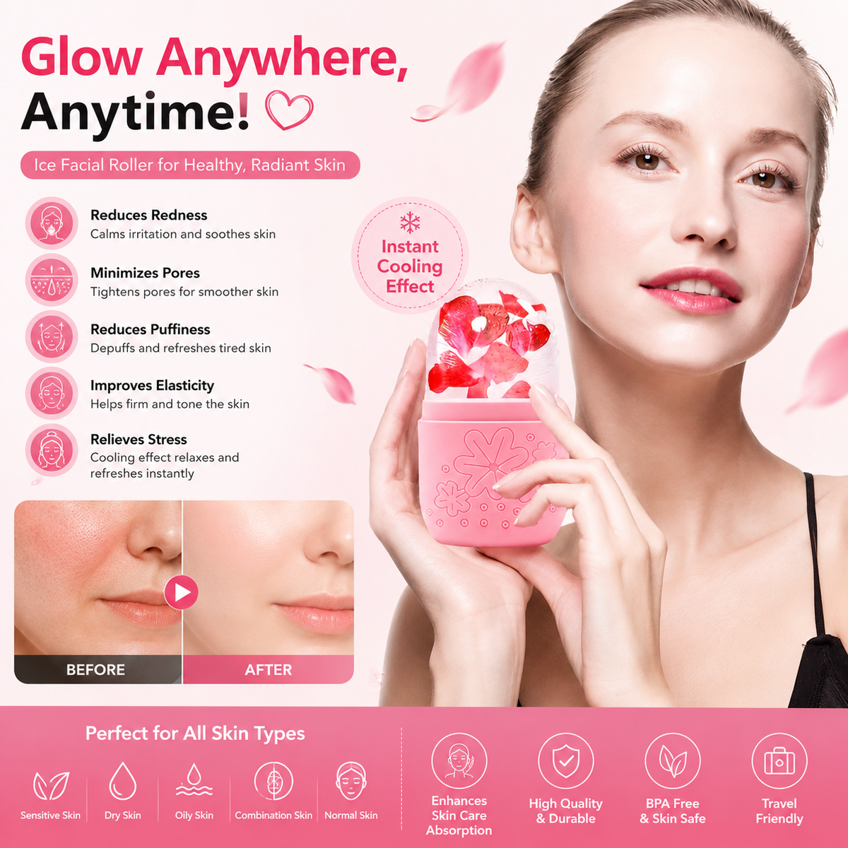 3in 1 Ice Face Roller Facial Skincare Ice Roller Set, Facial Roller Gua Sha Face Tool Set, Care Tool Beauty Set Face Massage Tool Roller Lifting Contouring Tool Ice Facial Roller Mold Cube, Reusable