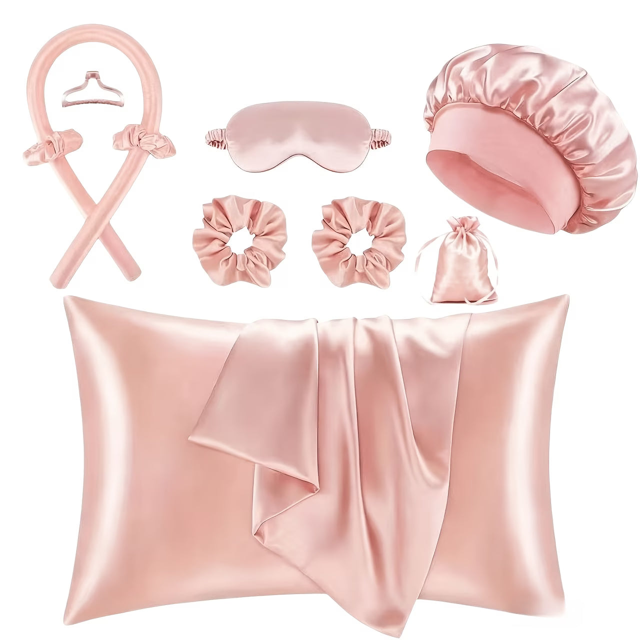 9/10/12pcs Sleep Hair Styling Tool Set, Includes 4 Hair Rollers, 1 Damage-Free Sleep Pillowcase, 2 Large Hair Ties, 1 Soft Sleep Mask, and 1 Sleep Cap for Hair and Skin Queen Set, Heatless Hair Curling Set, Overnight Hair Rollers, 1 Decorative