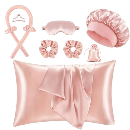 9/10/12pcs Sleep Hair Styling Tool Set, Includes 4 Hair Rollers, 1 Damage-Free Sleep Pillowcase, 2 Large Hair Ties, 1 Soft Sleep Mask, and 1 Sleep Cap for Hair and Skin Queen Set, Heatless Hair Curling Set, Overnight Hair Rollers, 1 Decorative