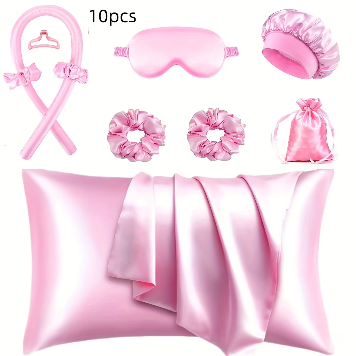 9/10/12pcs Sleep Hair Styling Tool Set, Includes 4 Hair Rollers, 1 Damage-Free Sleep Pillowcase, 2 Large Hair Ties, 1 Soft Sleep Mask, and 1 Sleep Cap for Hair and Skin Queen Set, Heatless Hair Curling Set, Overnight Hair Rollers, 1 Decorative