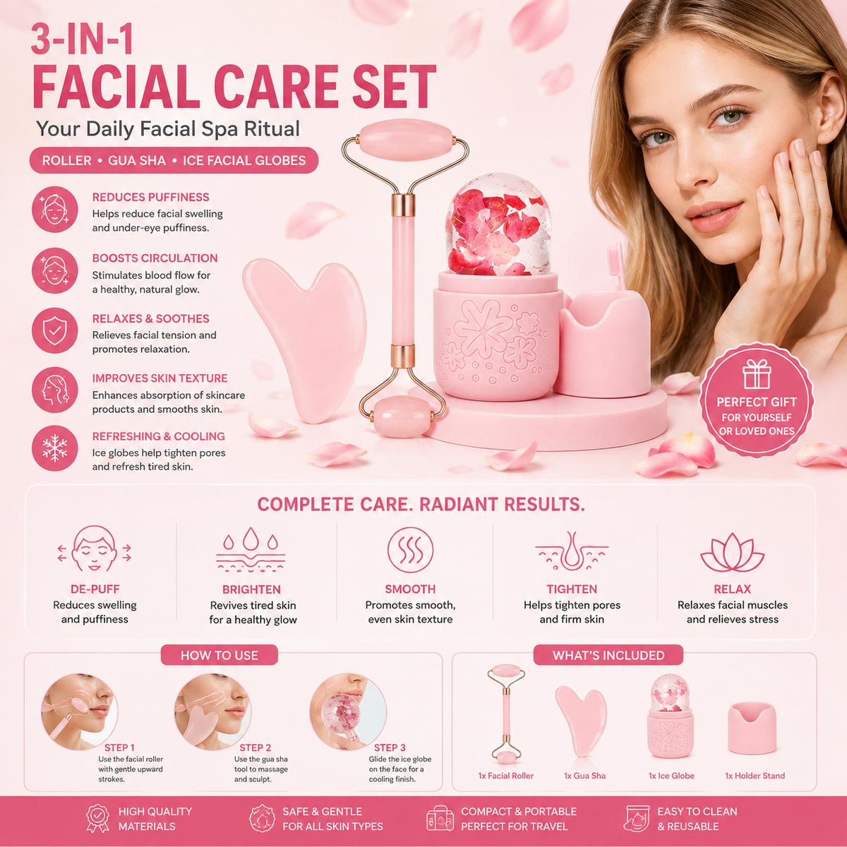 3in 1 Ice Face Roller Facial Skincare Ice Roller Set, Facial Roller Gua Sha Face Tool Set, Care Tool Beauty Set Face Massage Tool Roller Lifting Contouring Tool Ice Facial Roller Mold Cube, Reusable