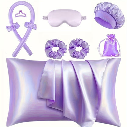 9/10/12pcs Sleep Hair Styling Tool Set, Includes 4 Hair Rollers, 1 Damage-Free Sleep Pillowcase, 2 Large Hair Ties, 1 Soft Sleep Mask, and 1 Sleep Cap for Hair and Skin Queen Set, Heatless Hair Curling Set, Overnight Hair Rollers, 1 Decorative