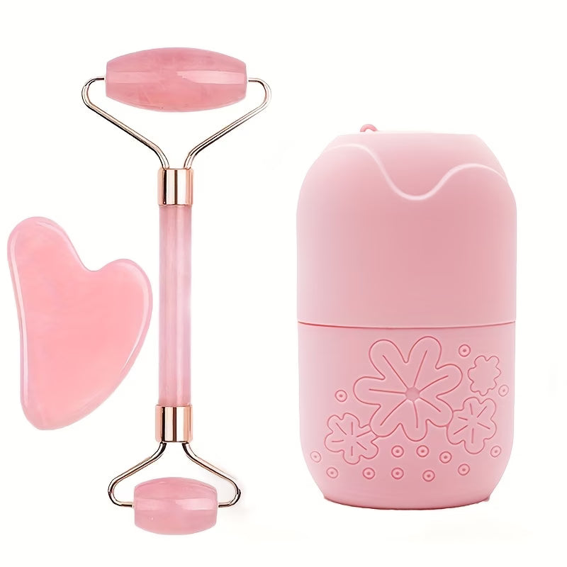 3in 1 Ice Face Roller Facial Skincare Ice Roller Set, Facial Roller Gua Sha Face Tool Set, Care Tool Beauty Set Face Massage Tool Roller Lifting Contouring Tool Ice Facial Roller Mold Cube, Reusable