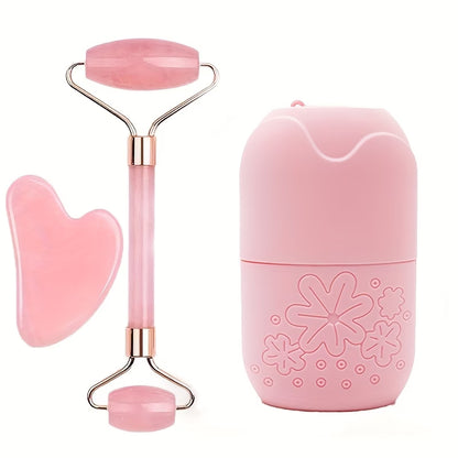 3in 1 Ice Face Roller Facial Skincare Ice Roller Set, Facial Roller Gua Sha Face Tool Set, Care Tool Beauty Set Face Massage Tool Roller Lifting Contouring Tool Ice Facial Roller Mold Cube, Reusable