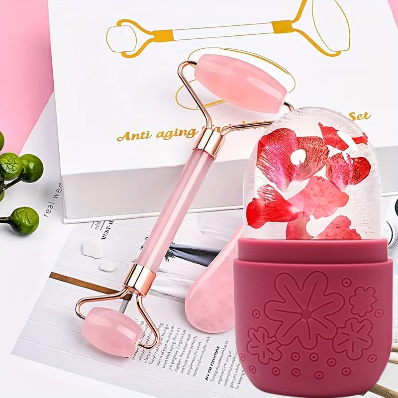 3in 1 Ice Face Roller Facial Skincare Ice Roller Set, Facial Roller Gua Sha Face Tool Set, Care Tool Beauty Set Face Massage Tool Roller Lifting Contouring Tool Ice Facial Roller Mold Cube, Reusable