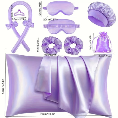 9/10/12pcs Sleep Hair Styling Tool Set, Includes 4 Hair Rollers, 1 Damage-Free Sleep Pillowcase, 2 Large Hair Ties, 1 Soft Sleep Mask, and 1 Sleep Cap for Hair and Skin Queen Set, Heatless Hair Curling Set, Overnight Hair Rollers, 1 Decorative