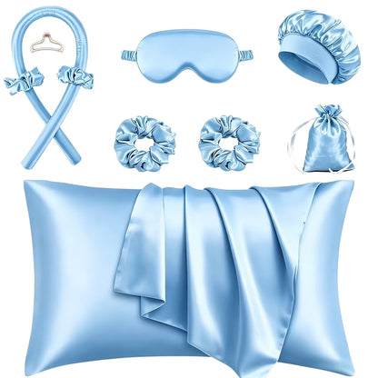9/10/12pcs Sleep Hair Styling Tool Set, Includes 4 Hair Rollers, 1 Damage-Free Sleep Pillowcase, 2 Large Hair Ties, 1 Soft Sleep Mask, and 1 Sleep Cap for Hair and Skin Queen Set, Heatless Hair Curling Set, Overnight Hair Rollers, 1 Decorative