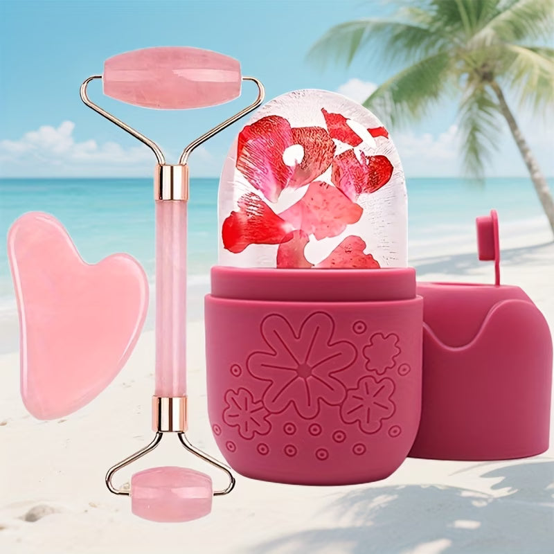 3in 1 Ice Face Roller Facial Skincare Ice Roller Set, Facial Roller Gua Sha Face Tool Set, Care Tool Beauty Set Face Massage Tool Roller Lifting Contouring Tool Ice Facial Roller Mold Cube, Reusable