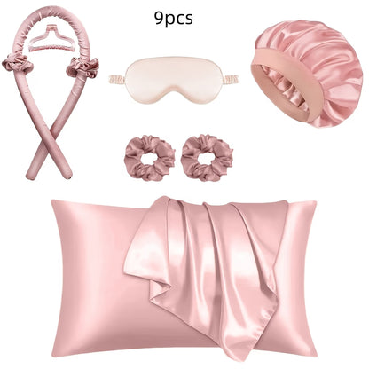 9/10/12pcs Sleep Hair Styling Tool Set, Includes 4 Hair Rollers, 1 Damage-Free Sleep Pillowcase, 2 Large Hair Ties, 1 Soft Sleep Mask, and 1 Sleep Cap for Hair and Skin Queen Set, Heatless Hair Curling Set, Overnight Hair Rollers, 1 Decorative