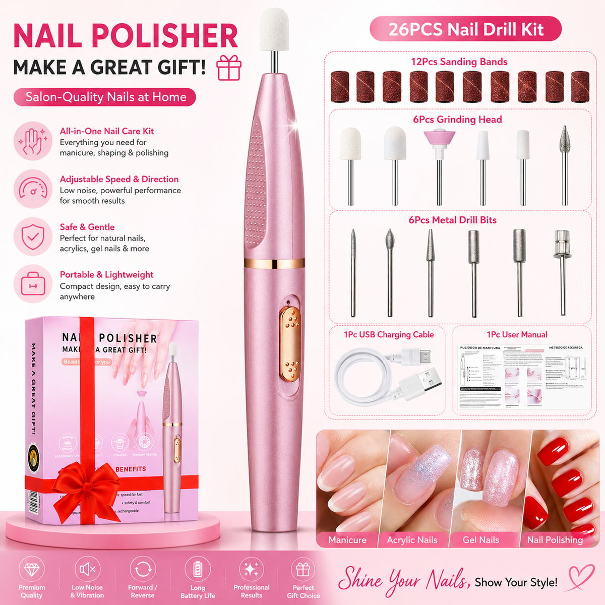 USB Electric Nail Drill | Portable Nail Machine Kit | Portable USB Electric Nail File & Care Kit