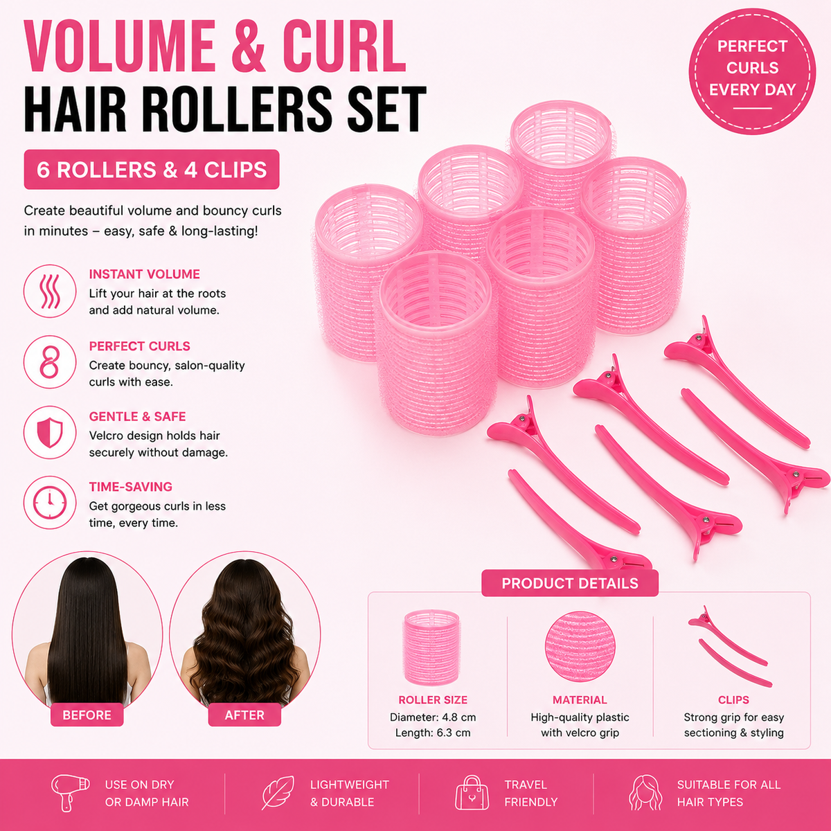 12pcs/Set Hot Rollers Set, 4.0cm Diameter, Self-Gripping, Heatless, Suitable for Long and Medium Short Hair, with Hair Clips, for Women, Dry Hair Style