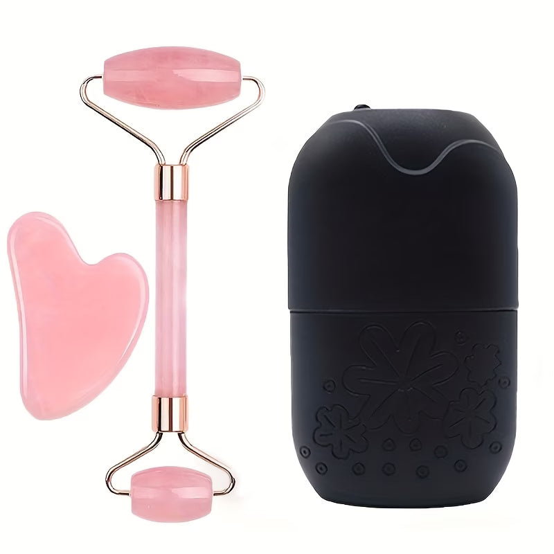 3in 1 Ice Face Roller Facial Skincare Ice Roller Set, Facial Roller Gua Sha Face Tool Set, Care Tool Beauty Set Face Massage Tool Roller Lifting Contouring Tool Ice Facial Roller Mold Cube, Reusable